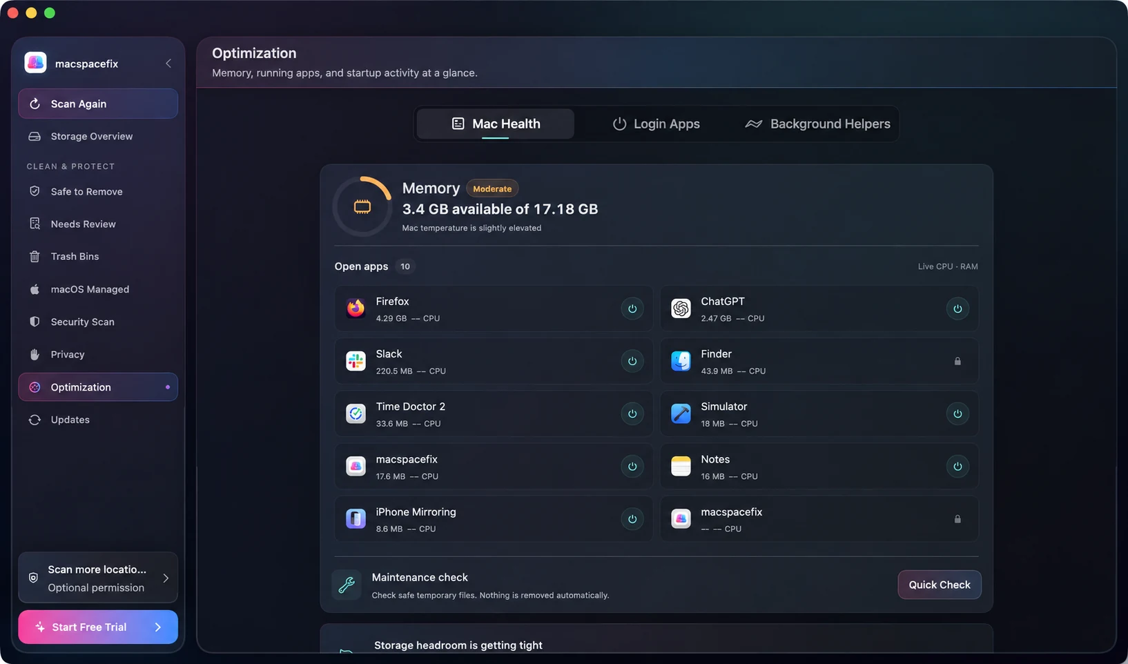 SpaceFix Optimization app screenshot