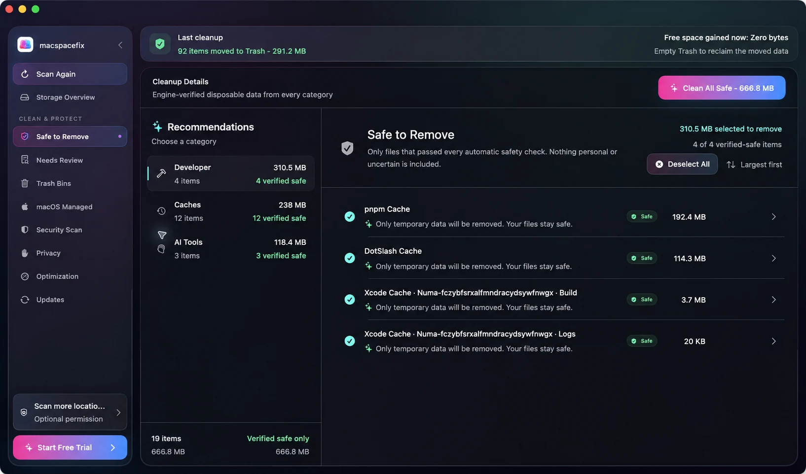 SpaceFix app showing verified safe-to-remove caches and developer files